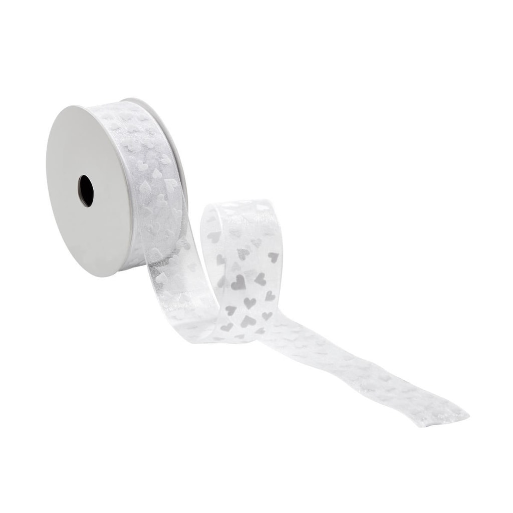 RIBBON Dárková stuha srdíčka 2,5 cm - bílá